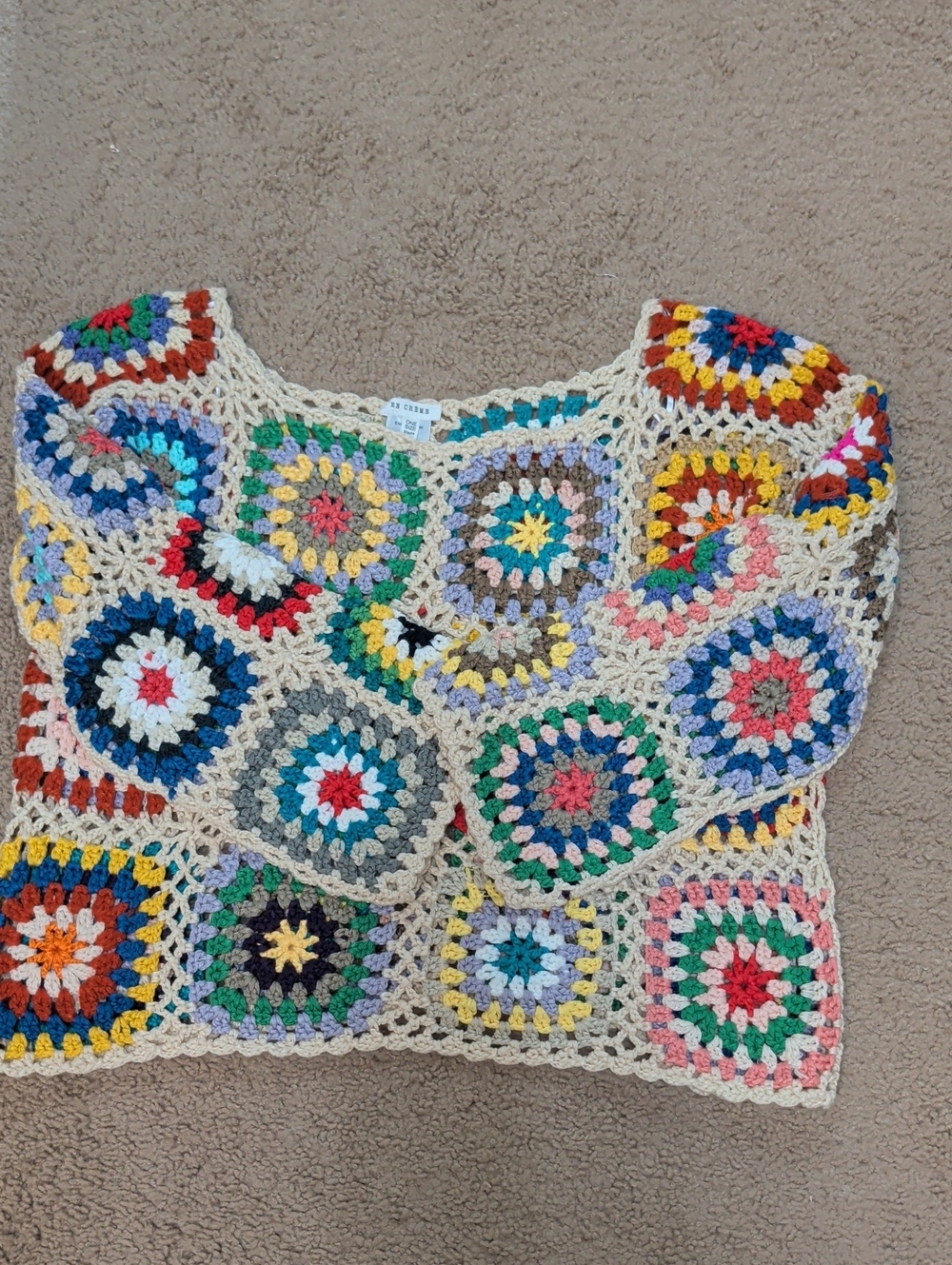 En Creme Crochet Multi-Color Square Sweater - Cream Trim